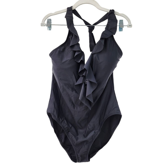 NEW Bleu Rod Beattie Black Ruffle Lattice‎ Plunge One Piece Swimsuit Size 14 - Picture 2 of 13
